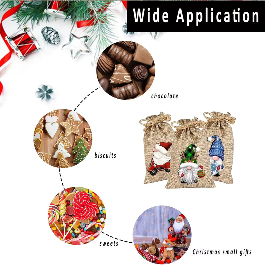 12 Stück Weihnachts-Geschenktüten aus Jute in Beige mit Kordelzug für Süßigkeiten und Weihnachtsfeiern - Bild 2