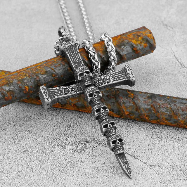 Halskette Edelstahl, Kreuz Schädel Viking, Silber, Herren - Bild 1