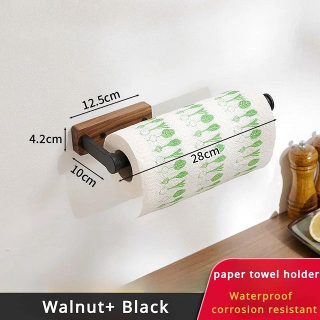 Yiran Furniture Papierrollenhalter aus Walnuss und Holz in Schwarz zur Küchenaufbewahrung mit selbstklebender Montage - Bild 1