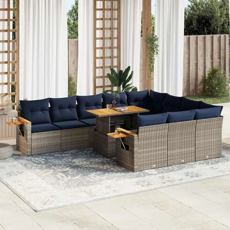 11-teilige Garten-Sofagarnitur aus Poly-Rattan und Akazienholz in Grau mit Kissen von vidaxl - Bild 1