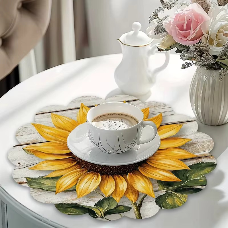 VIKAMA 4-teiliges Set runde Tischsets mit Sonnenblumen-Design in Gelb, wasserdicht und rutschfest im Landhausstil - Bild 3