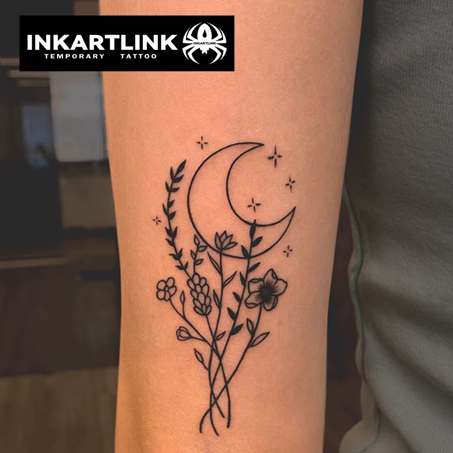 Semi-permanentes Tattoo mit Blumen und Mond, wasserfest, hält bis 15 Tage - Bild 2