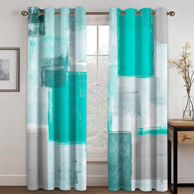 Abstrakter Kunstwürfel Fenstergardinen aus Polyester in Türkis, 2 Stück mit Haken, B: 50 cm, H: 130 cm - Bild 1