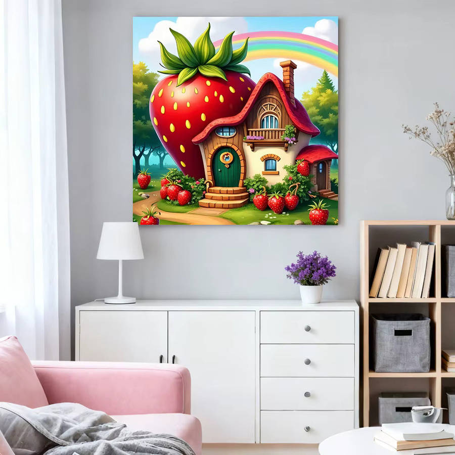 HUACAN Diamantmalerei 5D DIY Mosaik Set Haus in der Landschaft mit Wald, Pilzen und Erdbeeren, Rund, Mehrfarbig - Bild 3
