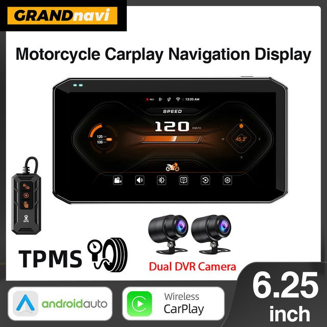 GrandNavi Tragbarer 6,25 Zoll Motorrad GPS Navigator mit Wireless CarPlay und Android Auto, IP67 Wasserdicht, Schwarz mit DVR Stick Recorder und WIFI - Bild 1
