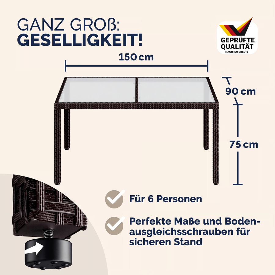 CASARIA Polyrattan Gartentisch in Braun mit Milchglasplatte, B/T/H: 150 x 90 x 75 cm - Bild 2