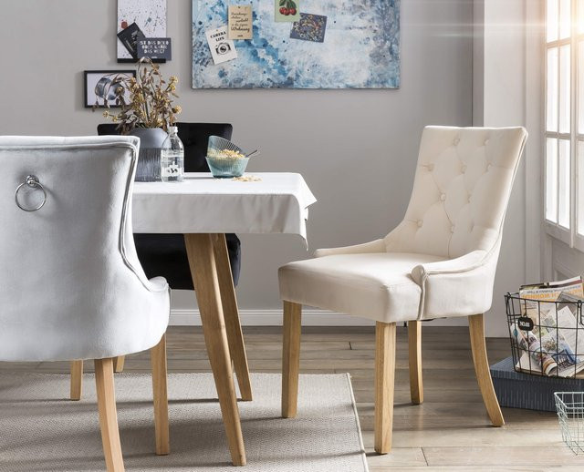 TPFLiving 2er Set Esszimmerstuhl Emilie aus Samt mit Knopfheftung in Creme/Beige - Bild 1