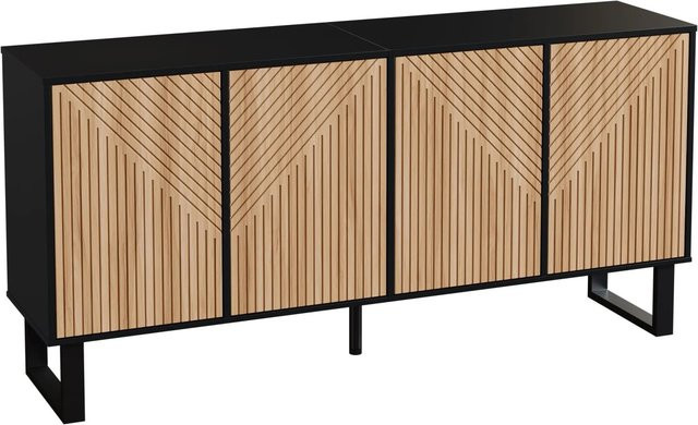 okwish Sideboard mit 3D Streifenfront in Schwarz und Natur, modernes Wohnzimmer-Sideboard, B/T/H: 160 x 38 x 75 cm - Bild 1