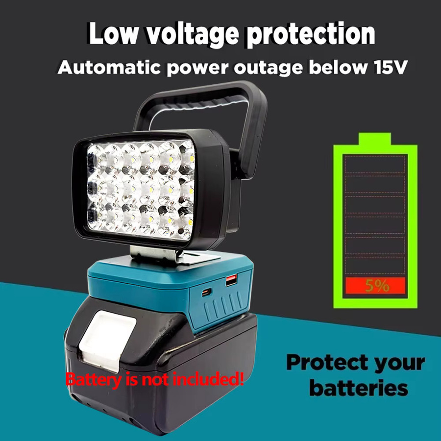 Dawupine USB Power Bank Arbeitslampe als LED-Flutlicht für Makita, Milwaukee, Dewalt und Bosch M18 Akkus, Schwarz - Bild 5