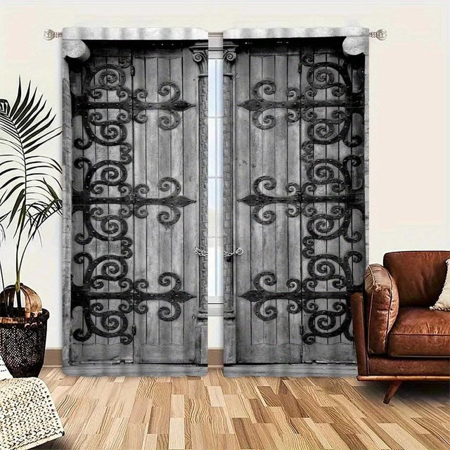 2er-Set Yiran Furniture Türvorhänge aus Holzoptik in Hellbraun, halbtransparent mit Ösen, B: 50 cm, H: 130 cm - Bild 1
