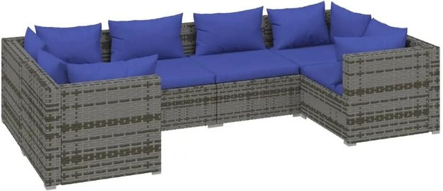 vidaXL 6-tlg Garten-Lounge-Set in L-Form aus Poly Rattan mit Kissen in Grau und Blau - Bild 1