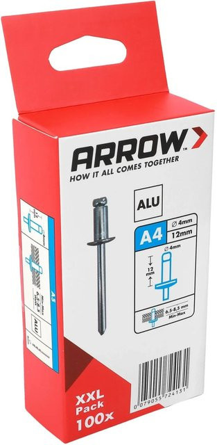 Arrow Blindniete RA aus Aluminium, Farbe Silber/Grau, Durchmesser: 4 mm, Länge: 12 mm, 100 Stück - Bild 1