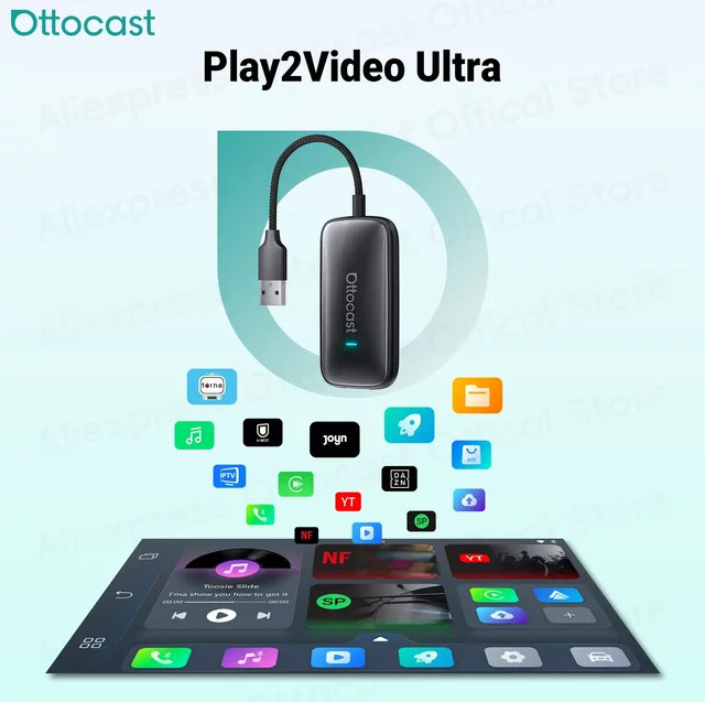 OTTOCAST Play2Video Ultra Wireless CarPlay und Android Auto Adapter in Schwarz für YouTube, Netflix und DAZN Video Box mit Wi-Fi und Bluetooth - Bild 1