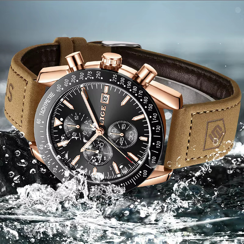 LIGE Chronograph, Quarz, Leder, Gold, Herren - Bild 2