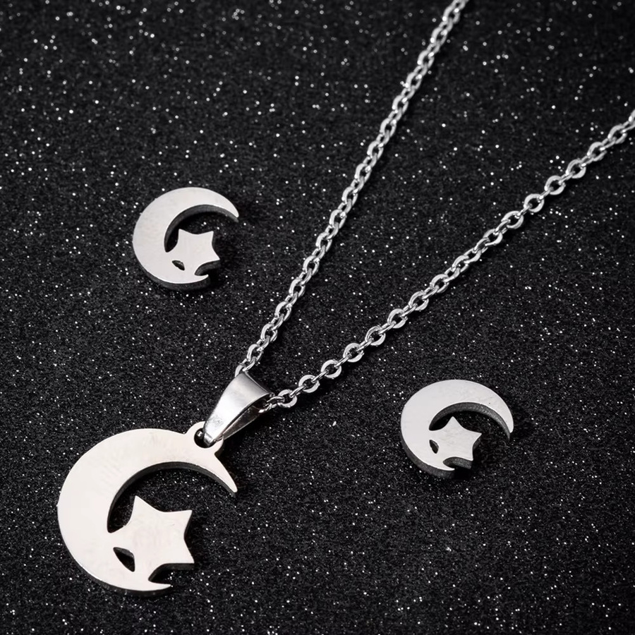 Schmuckset Edelstahl, Gold, Mond und Stern, Ohrringe und Halskette, Damen - Bild 2