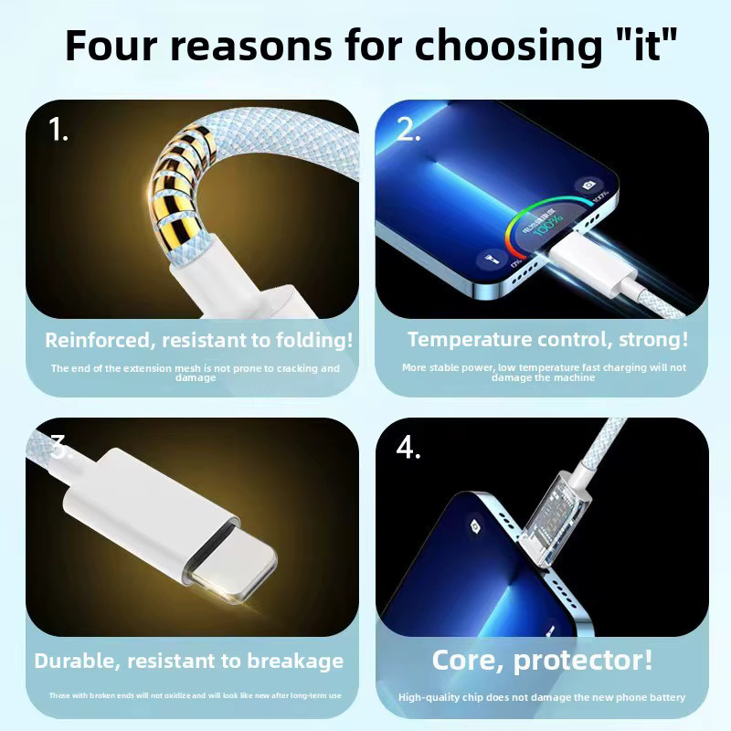 Tragbares 3-in-1 Multifunktions-Autoladekabel in Blau mit Schnellladefunktion und geflochtenem Design, Länge: 1,2 m, kompatibel mit Apple, Android und Typ-C - Bild 3