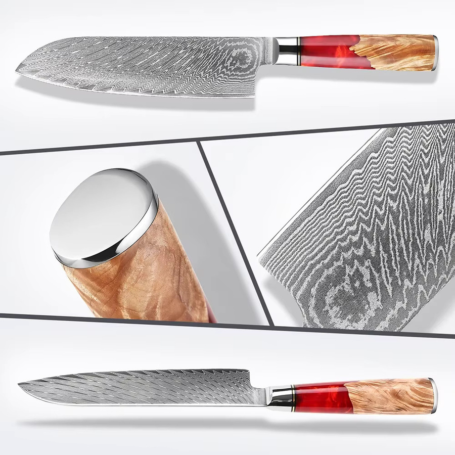 Xituo Santoku Damastmesser aus Damaststahl mit rotem Harzgriff, Länge: 17,78 cm - Bild 3