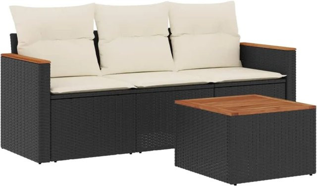 vidaXL 4-teilige Garten-Sofagarnitur aus Poly-Rattan und Akazienholz in Schwarz-Creme mit Kissen - Bild 1