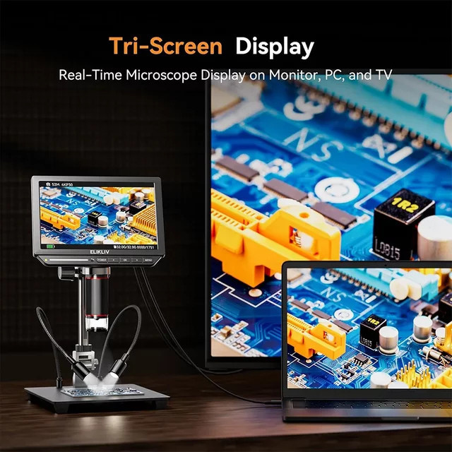Elikliv EM4K 4K HDMI Digitalmikroskop mit 8 Zoll Display und 2000X Vergrößerung in Schwarz für PCB-Inspektion und Elektronikreparatur inklusive 10 Zoll Ständer - Bild 1