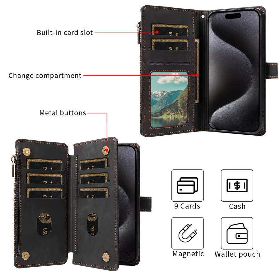 Samsung Handyhülle aus PU-Leder mit Reißverschluss und Kartenfächern als Wallet Cover in Schwarz für Galaxy A13 A14 A15 A21 A22 A23 A24 A25 A32 A34 A50 A54 Flip - Bild 5
