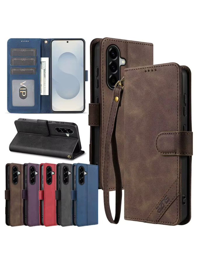 Flip-Lederhülle für Samsung Galaxy A05s A15 A35 A55 A06 A16 A26 A36 A56 A07 A17 A37 A57 4G 5G mit Kartenfächern und Handschlaufe in Braun - Bild 5