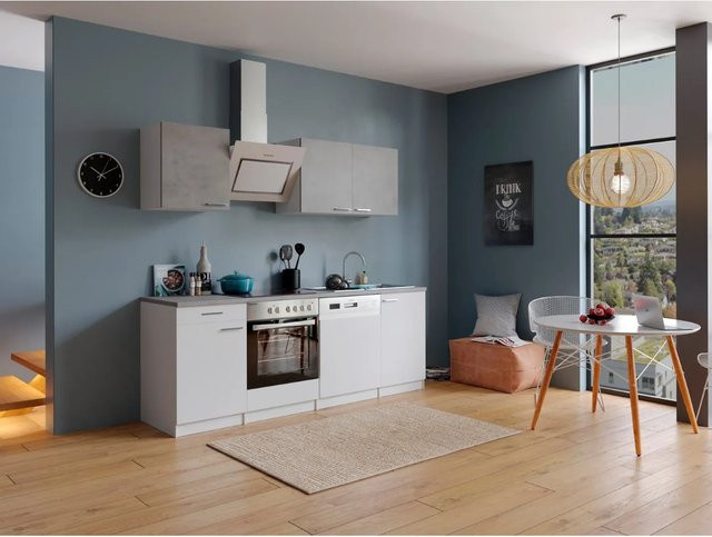 Respekta Economy Küchenzeile KB210WWBSC in Weiß-Beton Optik, moderne freistehende Küche mit Soft-Close-Türen, B/T/H: 210 x 60 x 212,1 cm - Bild 1