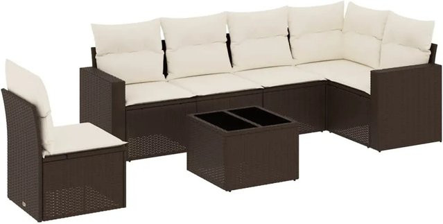 vidaXL 7-teilige Garten-Sofagarnitur in L-Form aus braunem Poly-Rattan mit cremefarbenen Kissen und pulverbeschichtetem Stahlgestell - Bild 1