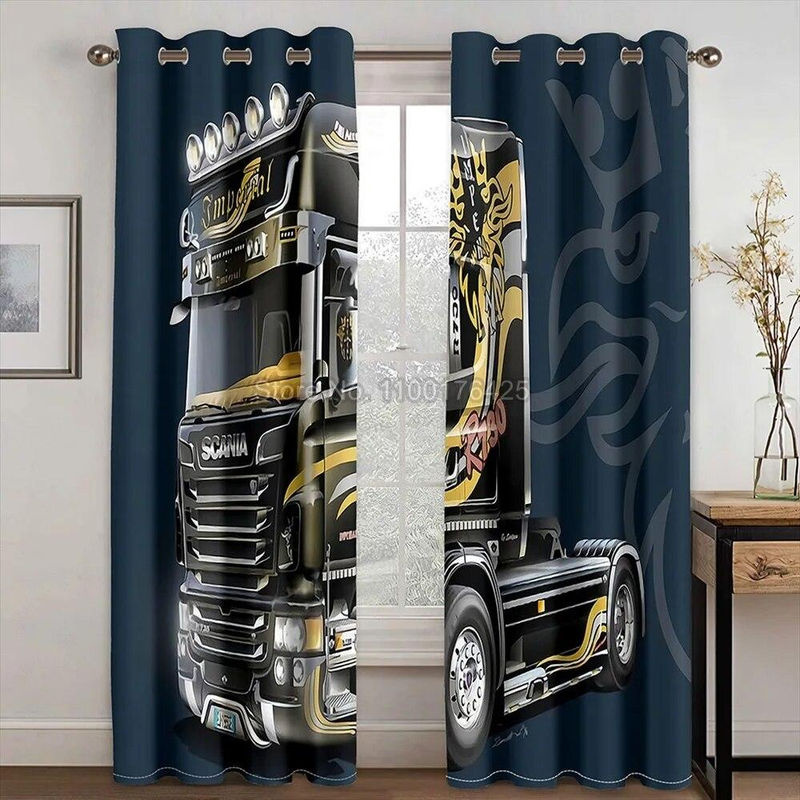 Verdunkelungsvorhänge mit 3D-LKW-Print von A Family Of Home Textiles, Blau, B: 183 cm, H: 214 cm, 2er-Set mit Rod Pocket - Bild 2