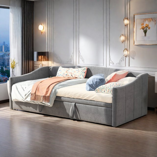 Rosahqnda Klappschlafsofa Tagesbett als Einzelbett, gepolstertes Tagesbett mit ausziehbarem Bett in Grau, B/T/H: 180 x 90 x 200 cm - Bild 1