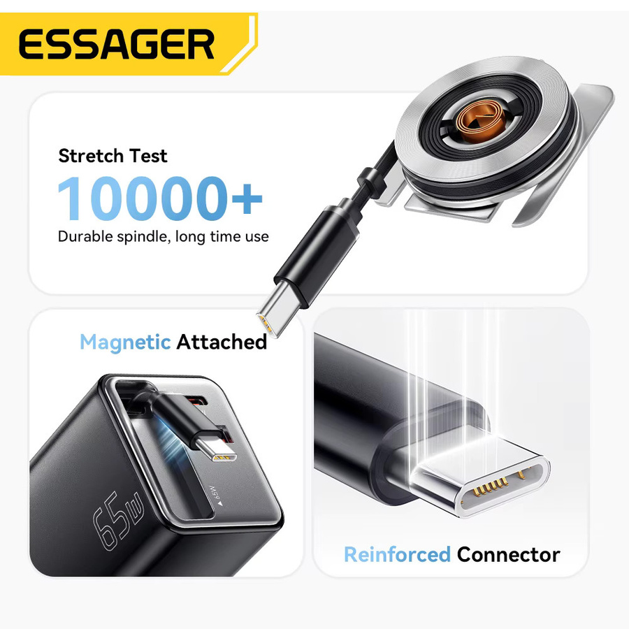Essager 65 W GaN-Ladegerät mit einziehbarem USB-C-Kabel, PD-Schnellladung für Laptop, MacBook und iPhone, Schwarz - Bild 4
