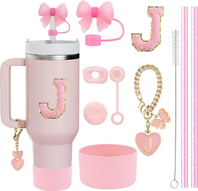 AfreNee 10-teiliges Zubehör-Set für Stanley Cup in Pink mit Strohhalmen, Bürsten, Blumen-Charm-Kette, auslaufsicheren Stoppern, Strohhalm-Abdeckungen und Stiefeln - Bild 1