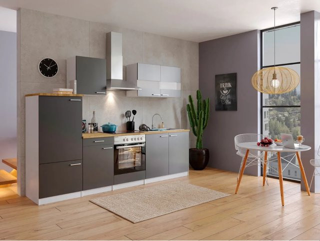 Respekta Küchenzeile KB270WGC in Grau-Weiß mit Soft-Close-Türen und Glaselementen, Breite: 270 cm - Bild 1