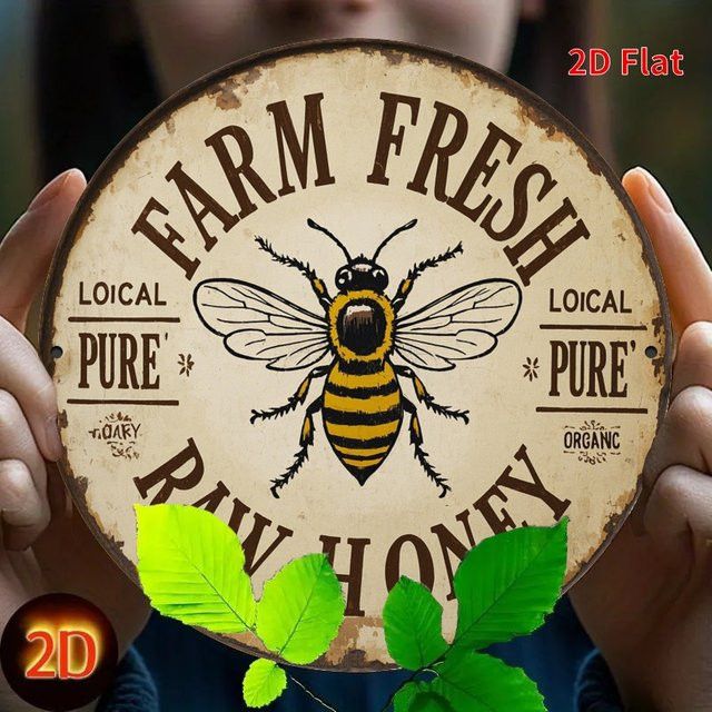 Rundes Vintage-Eisenschild Potdemiel Farm Fresh Honey mit Bienen-Design für Landhausdekoration Durchmesser: 20 cm - Bild 1
