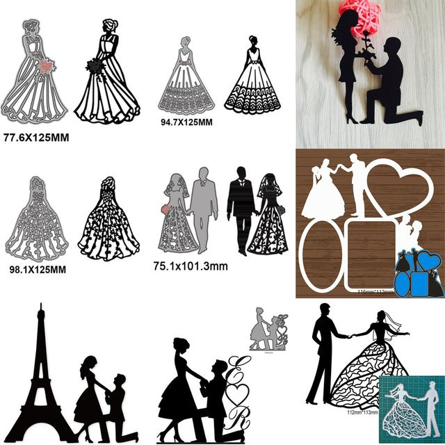 Metall Schablonen für Hochzeit und Brautpaar zum Ausschneiden für DIY Scrapbooking, Karten und Handwerk, Silber - Bild 1