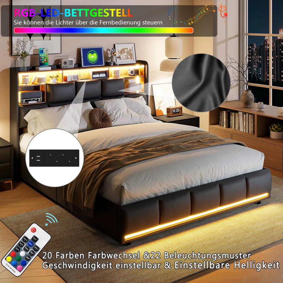 Superaly Polsterbett aus Kunstleder in Schwarz mit USB-Ladefunktion, Lichtband und hydraulischem Bettgestell, B/T: 160 x 200 cm - Bild 2