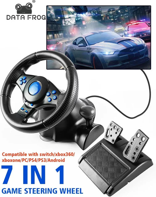DATA FROG Racing Lenkrad mit Pedalen und Vibration Controller für PC und Konsole, Schwarz - Bild 1