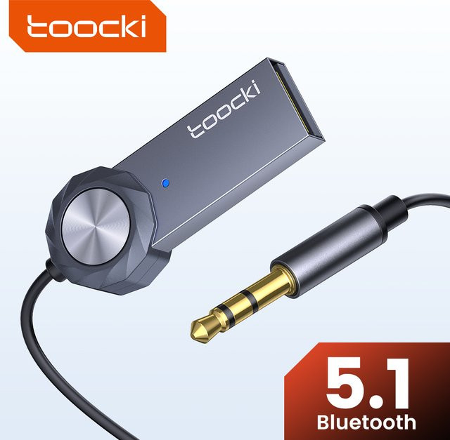 Toocki Bluetooth 5.1 Car Audio Receiver Adapter Dongle mit Federkabel, USB auf 3,5 mm Klinke, Freisprech-Kit für Car Audio BT Sender, Grau - Bild 1