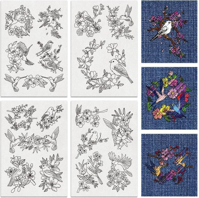 Wasserlösliches selbstklebendes Stickstabilisator-Papier mit elegantem 4-Blatt Blumen- und Vogel-Motiv in Weiß - Bild 1