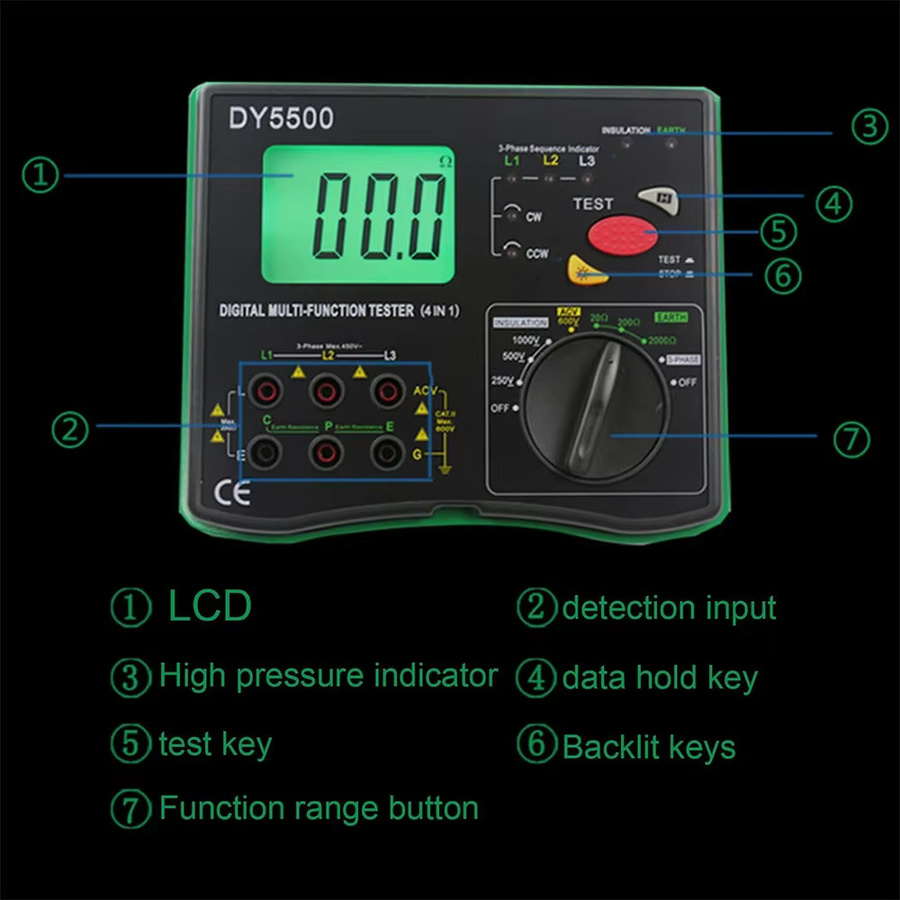 DUOYI DY5500 Multifunktions-Voltmeter mit Widerstands-, Isolations- und Erdungsmessung sowie Phasenanzeige für die Kfz-Diagnose - Bild 5