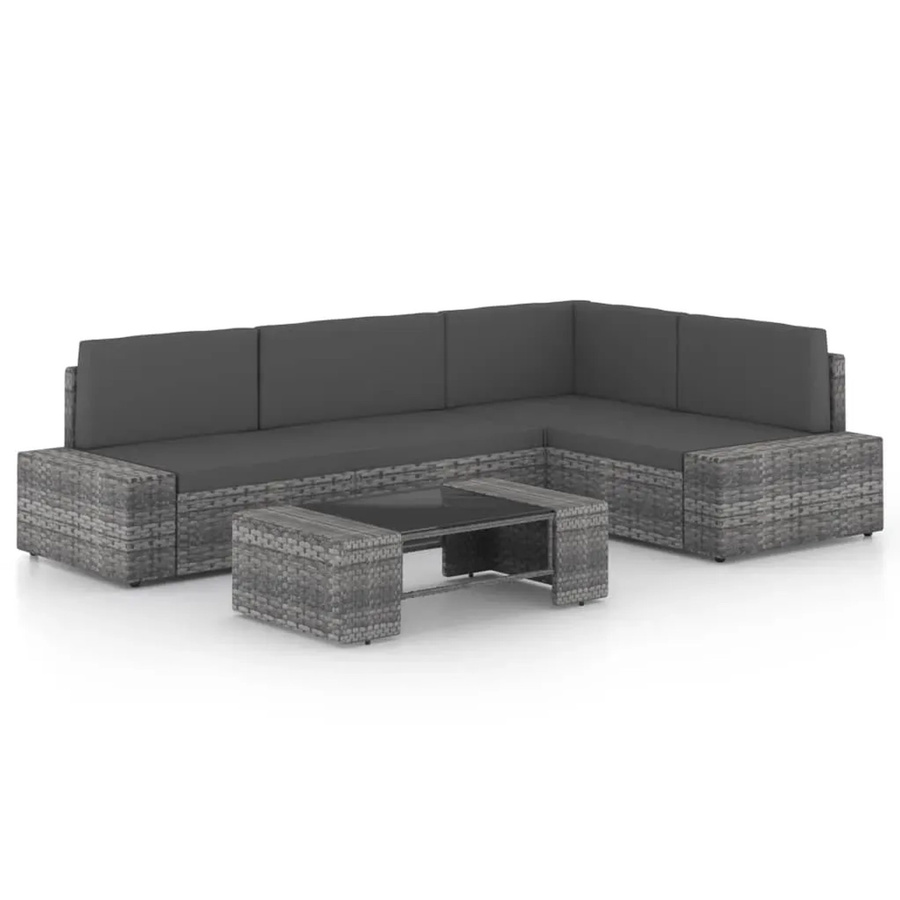 vidaXL 5-teiliges Garten-Lounge-Set in Grau und Anthrazit mit Polsterkissen, L-Form, Poly-Rattan und Metallgestell inklusive Couchtisch und Ottoman - Bild 2