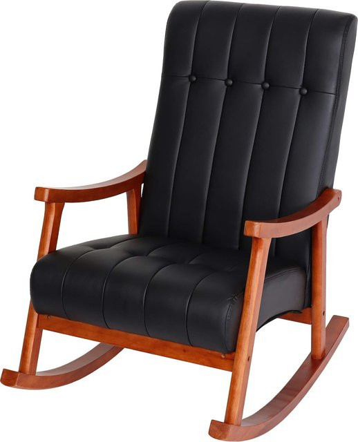MCW Schaukelstuhl K10 Relaxsessel aus schwarzem Kunstleder mit Gestell in Walnuss-Optik - Bild 1