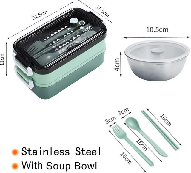 LChome Bento-Box aus 304 Edelstahl, 2-lagige Lunchbox für Schule und Büro, mikrowellengeeignet, grün - Bild 1