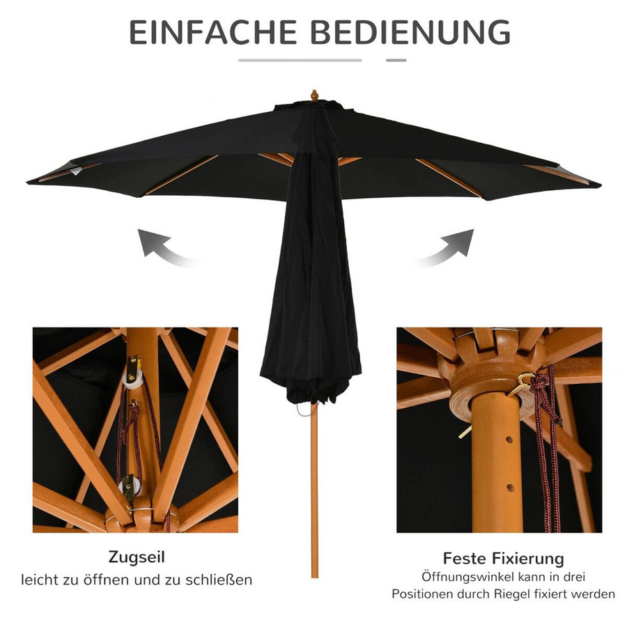 Outsunny Balkonschirm aus Bambus und Pappelholz mit Polyester Bespannung in Schwarz, Durchmesser: 300 cm, Höhe: 250 cm - Bild 3