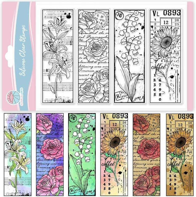 Vintage Blumen Lesezeichen Stempel Set mit Lilien, Rosen, Sonnenblumen und Maiglöckchen für Scrapbooking, transparent - Bild 1