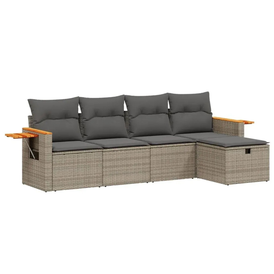 vidaXL 5-tlg. Garten-Sofagarnitur in L-Form aus Poly Rattan und Metall in Grau mit Kissen und Ottoman - Bild 2