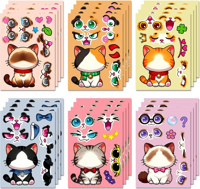 6 oder 12 Stück Cartoon-Katzen-Gesichtsaufkleber zum Selbstgestalten in Multicolor aus Papier für Kühlschrank, Schreibwaren und Notizbücher - Bild 1