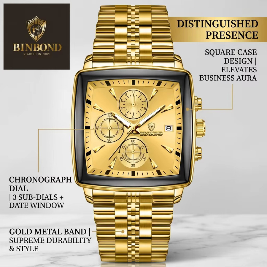 BINBOND Chronograph Armbanduhr, Edelstahl, Gold, Eckig, Quarz, Herren - Bild 5