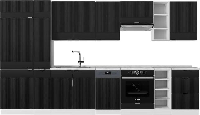 Vicco Fame-Line Küchenzeile in Schwarz gestreift und Weiß mit Marmor-Optik, Breite: 355 cm - Bild 1