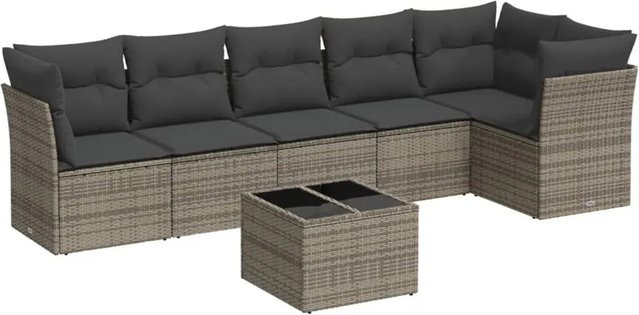 vidaXL 7-tlg Garten-Sofagarnitur aus Polyrattan in Grau mit Tisch und Kissen mit Stauraum - Bild 1