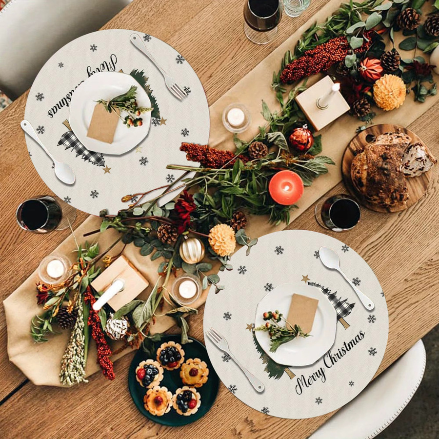 VIKAMA 4-teiliges Set runde Weihnachts-Tischsets aus Leinen mit Weihnachtsmuster für deine Tischdekoration - Bild 3